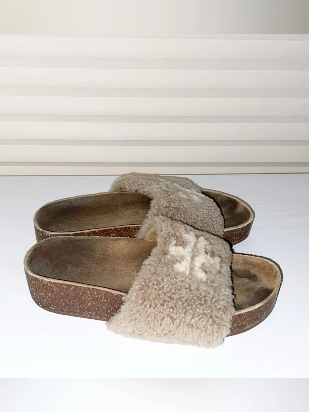 Tory Burch Beige Shearling Platform Slide Sandals